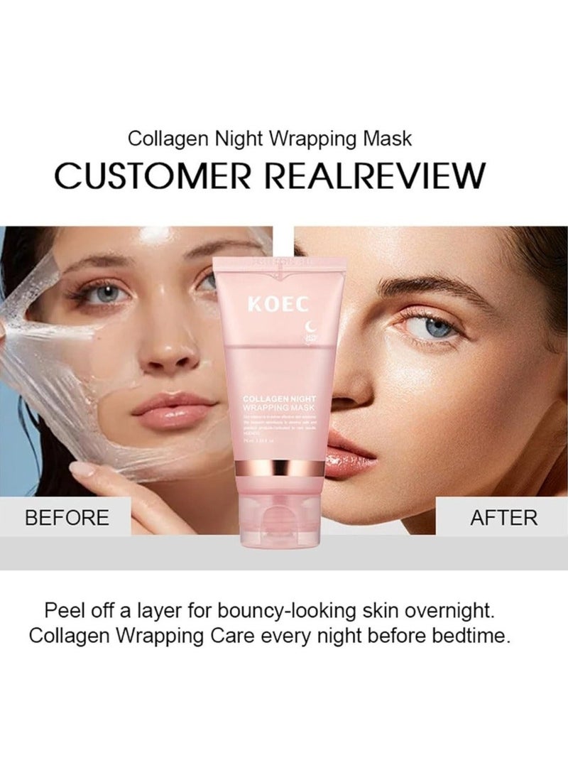 KOEC 2 Pcs Collagen Night Wrapping Mask 75mlx2 Deep Collagen Mask Overnight Collagen Face Mask for Skin Tone and Deep Nourishment Deeply Hydrates Skin Overnight Face Mask Bio Collagen Face Serum Mask - Image 4