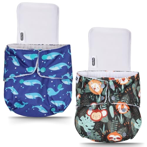 Little Pea Leak-Proof Free Size Cloth Diapers for 3 Months-3 Years�2 Cloth Diapers , 2 Absorbent Pads, 2 Wet Bags (Fits 5Kg-18kg), Washable, Rash-Free with 6-Hour Absorbency, Adjustable - Ocean, Jungle - Image 1