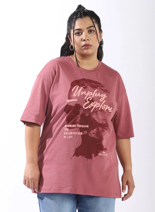 HIGH STAR Women's Rust 100% Cotton Printed Plus Size Oversized T-Shirt