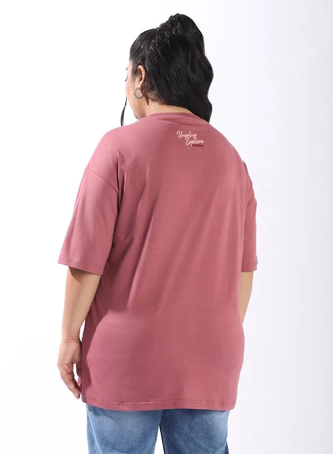 HIGH STAR Women's Rust 100% Cotton Printed Plus Size Oversized T-Shirt