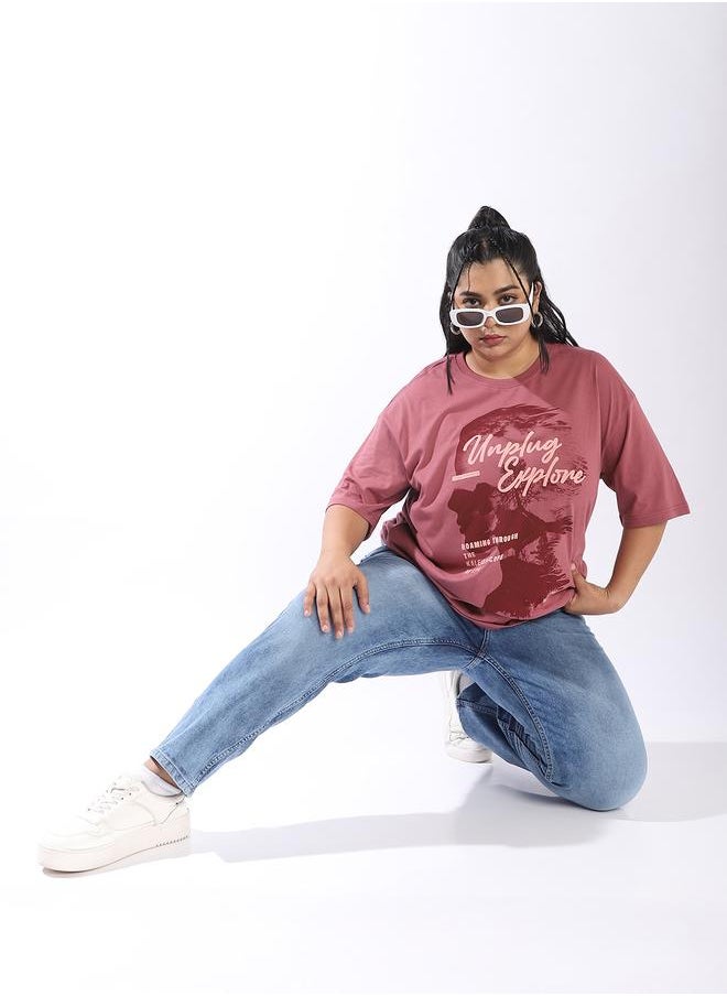 HIGH STAR Women's Rust 100% Cotton Printed Plus Size Oversized T-Shirt  - Image 1