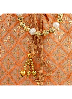 Kuber Industries Kuber Industries Potli|Silk Wedding Potli|Drawstring Closure Potli|Wallet Potli|Christmas Gift Potli|Baby Shower Potli|Traditional Shagun Potli|Single Side Sequins-Potli|Pack of 3|Peach  - Image 4