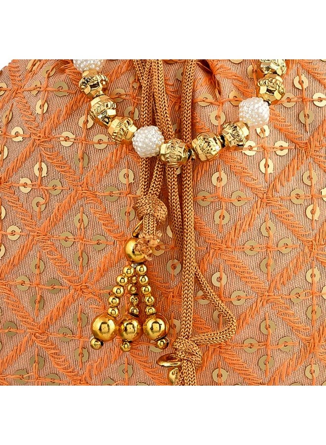 Kuber Industries Kuber Industries Potli|Silk Wedding Potli|Drawstring Closure Potli|Wallet Potli|Christmas Gift Potli|Baby Shower Potli|Traditional Shagun Potli|Single Side Sequins-Potli|Pack of 3|Peach  - Image 4