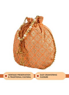 Kuber Industries Kuber Industries Potli|Silk Wedding Potli|Drawstring Closure Potli|Wallet Potli|Christmas Gift Potli|Baby Shower Potli|Traditional Shagun Potli|Single Side Sequins-Potli|Pack of 3|Peach  - Image 5