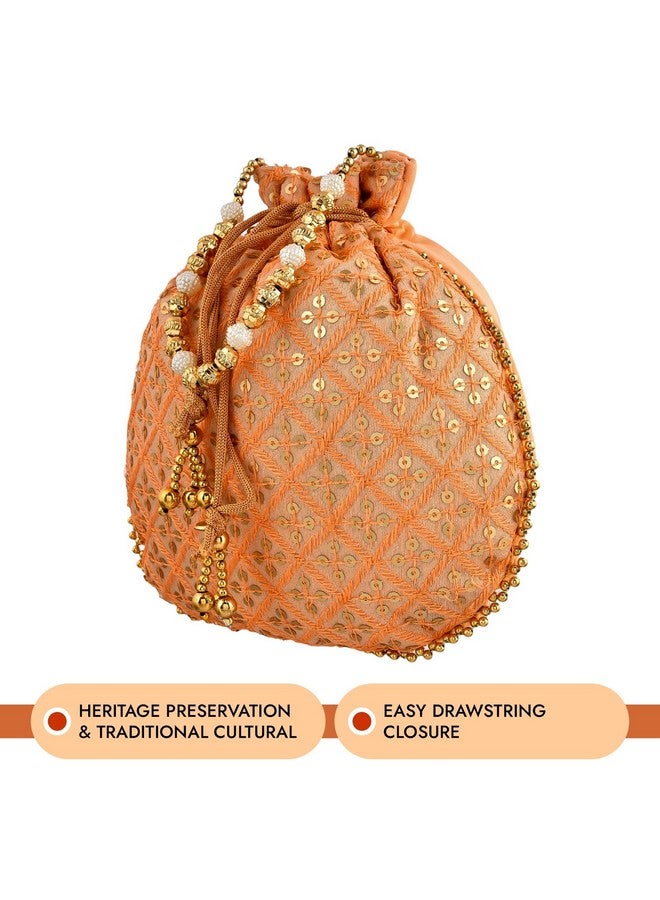 Kuber Industries Kuber Industries Potli|Silk Wedding Potli|Drawstring Closure Potli|Wallet Potli|Christmas Gift Potli|Baby Shower Potli|Traditional Shagun Potli|Single Side Sequins-Potli|Pack of 3|Peach  - Image 5