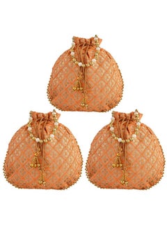 Kuber Industries Kuber Industries Potli|Silk Wedding Potli|Drawstring Closure Potli|Wallet Potli|Christmas Gift Potli|Baby Shower Potli|Traditional Shagun Potli|Single Side Sequins-Potli|Pack of 3|Peach  - Image 1