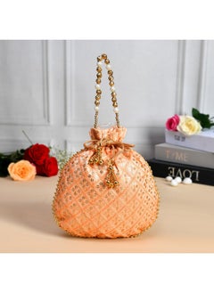 Kuber Industries Kuber Industries Potli|Silk Wedding Potli|Drawstring Closure Potli|Wallet Potli|Christmas Gift Potli|Baby Shower Potli|Traditional Shagun Potli|Single Side Sequins-Potli|Pack of 3|Peach  - Image 2