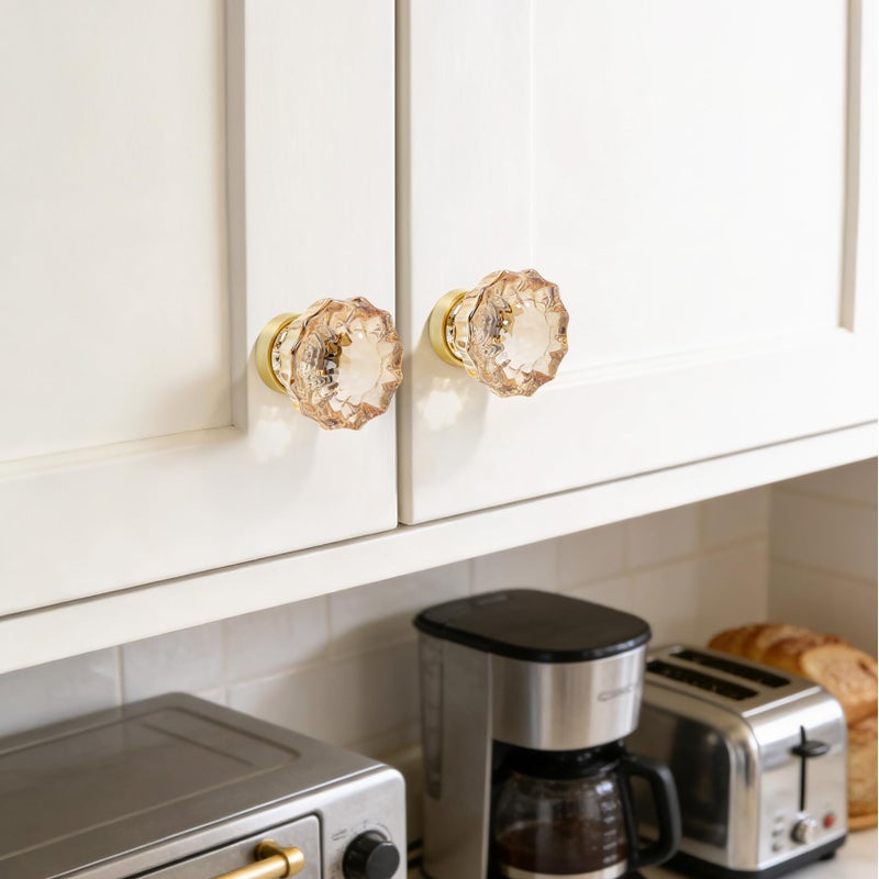 CEYMIO 8 Pack Crystal Drawer Knobs Cabinet Knob Antique Drawer Pulls, Kitchens Closet Dresser Drawers Cupboard Wardrobe Vintage Pull, Clear Champagne Crystals Gold Base - Image 2