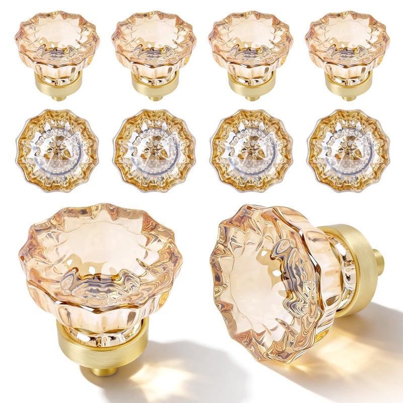 CEYMIO 8 Pack Crystal Drawer Knobs Cabinet Knob Antique Drawer Pulls, Kitchens Closet Dresser Drawers Cupboard Wardrobe Vintage Pull, Clear Champagne Crystals Gold Base - Image 1