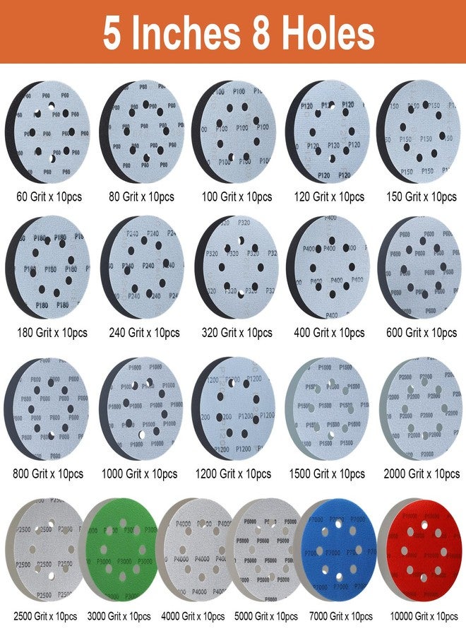 كويكاي أقراص صنفرة Queekay 210 قطعة 21 حبيبة للصنفرة الرطبة والجافة بخطاف وحلقة 8 فتحات مقاس 5 بوصات من 60 إلى 10000 حبيبة متنوعة من كربيد السيليكون لصقل المعادن والخشب بدقة في السيارات - Image 3