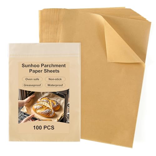 Sunhoo 100 PCS 9 x13" Parchment Paper Sheets for Baking Wrapping Paper Unbleached Air Fryer Oven Resist Sticking Bakery Liners Brown Precut Squares for Cooking Grilling Steaming Withstand up to 428℉ - Image 1