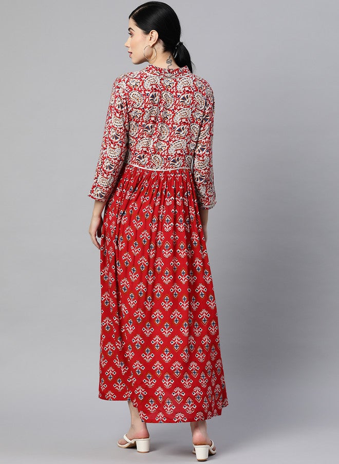 Indibelle Women Ethnic Printed A-Line Maxi Dress in Red with V-Neck and Three-Quarter Sleeves - Image 4