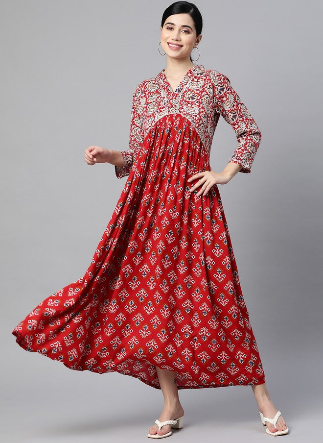 Indibelle Women Ethnic Printed A-Line Maxi Dress in Red with V-Neck and Three-Quarter Sleeves - Image 1
