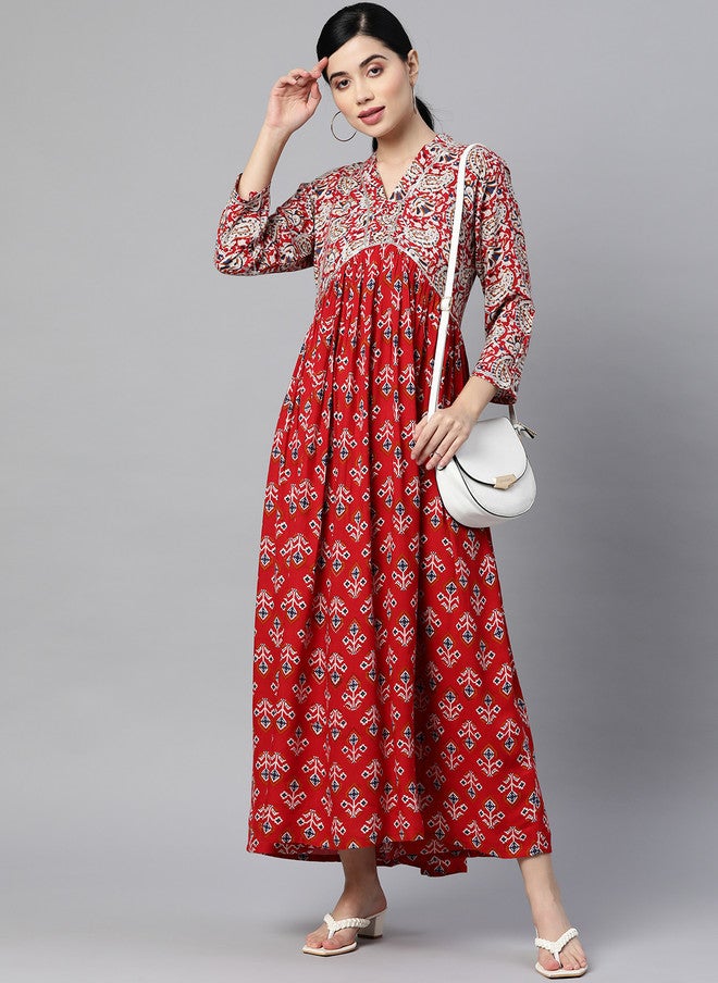 Indibelle Women Ethnic Printed A-Line Maxi Dress in Red with V-Neck and Three-Quarter Sleeves - Image 5