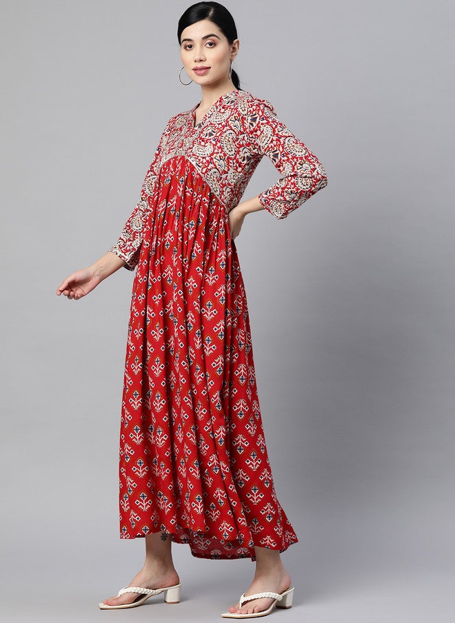 Indibelle Women Ethnic Printed A-Line Maxi Dress in Red with V-Neck and Three-Quarter Sleeves - Image 3