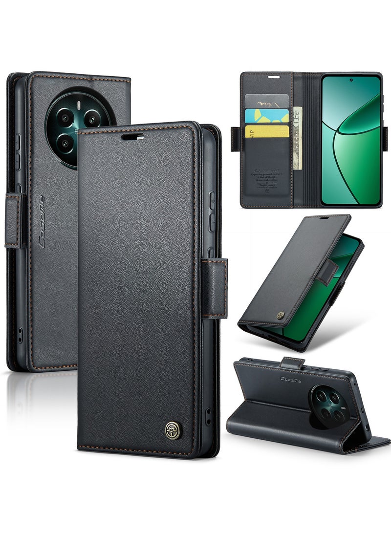 CaseMe Phone Case Luxury PU Leather Design Anti Fingerprint 023 Flip Cover Card Slot Holder Cover For  Realme 12 Plus / Realme 12 4G (Black ) - Image 1