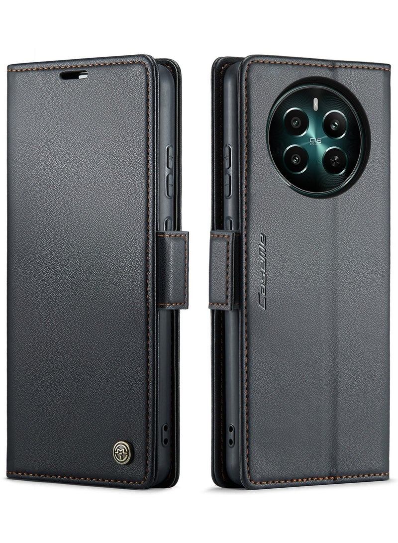 CaseMe Phone Case Luxury PU Leather Design Anti Fingerprint 023 Flip Cover Card Slot Holder Cover For  Realme 12 Plus / Realme 12 4G (Black ) - Image 2