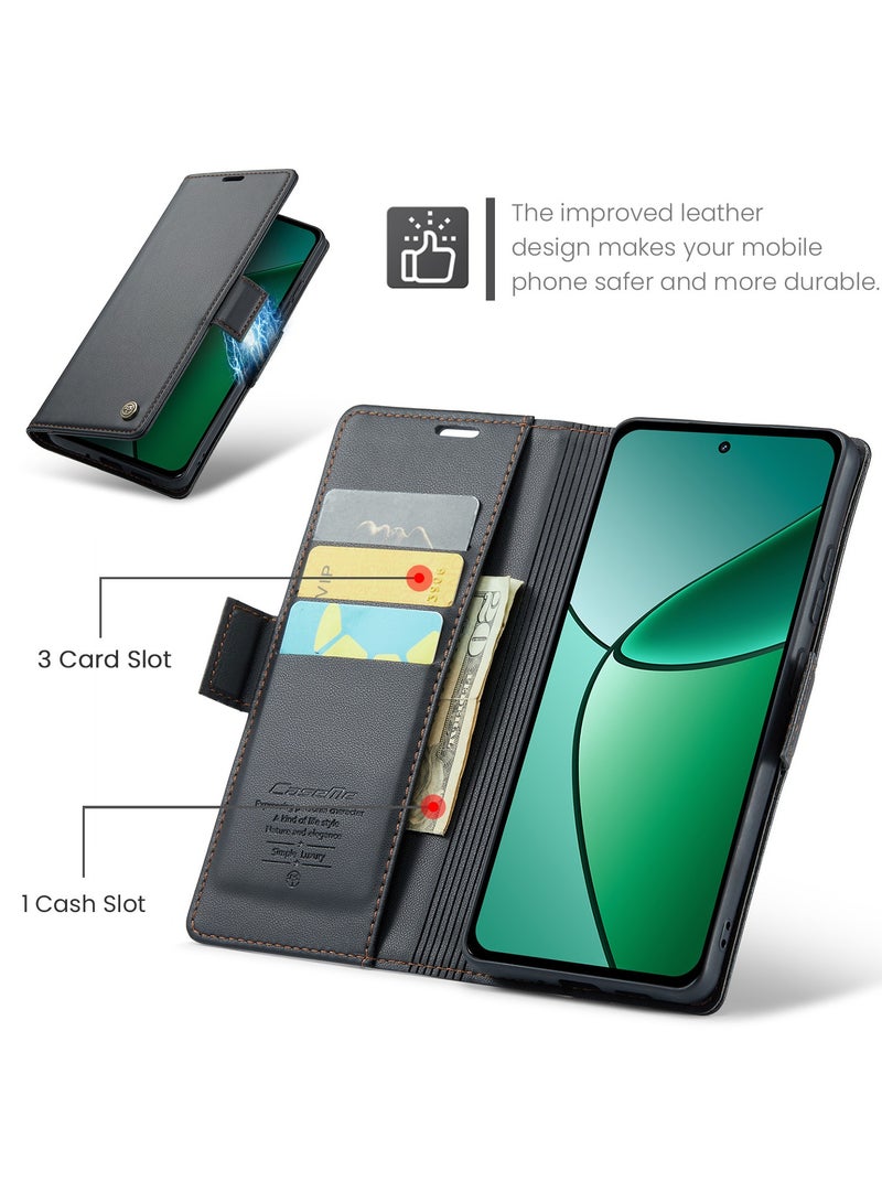 CaseMe Phone Case Luxury PU Leather Design Anti Fingerprint 023 Flip Cover Card Slot Holder Cover For  Realme 12 Plus / Realme 12 4G (Black ) - Image 5