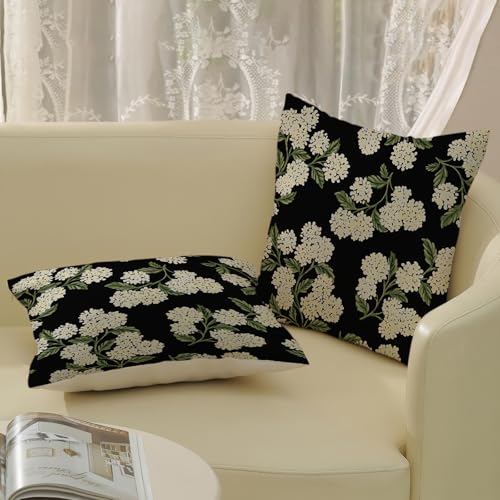 DAFENA Black Spring Pillow Covers 18x18 Inch 2 Pcs Green Hydrangea Flower Decor Throw Pillows Vintage Floral Seasonal Summer Outdoor Decoration Pillowcase Linen Cushion Cover for Couch Sofa - Image 4
