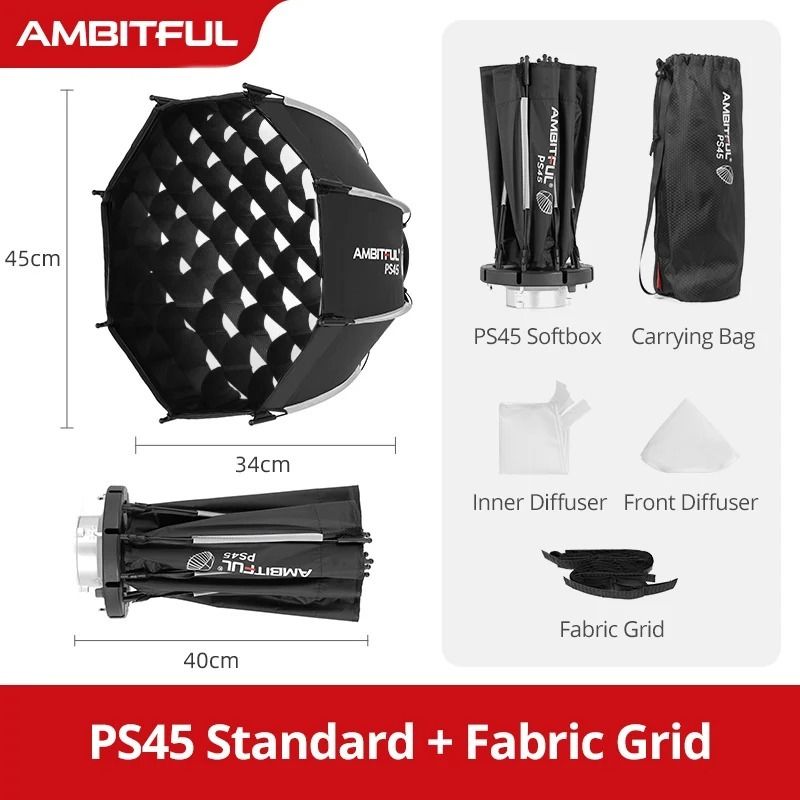 Ambitful Ps45 SE Mini Quick-Release Octagon Softbox with Bowens Mount and Honeycomb Grid for LED Flash - Image 1