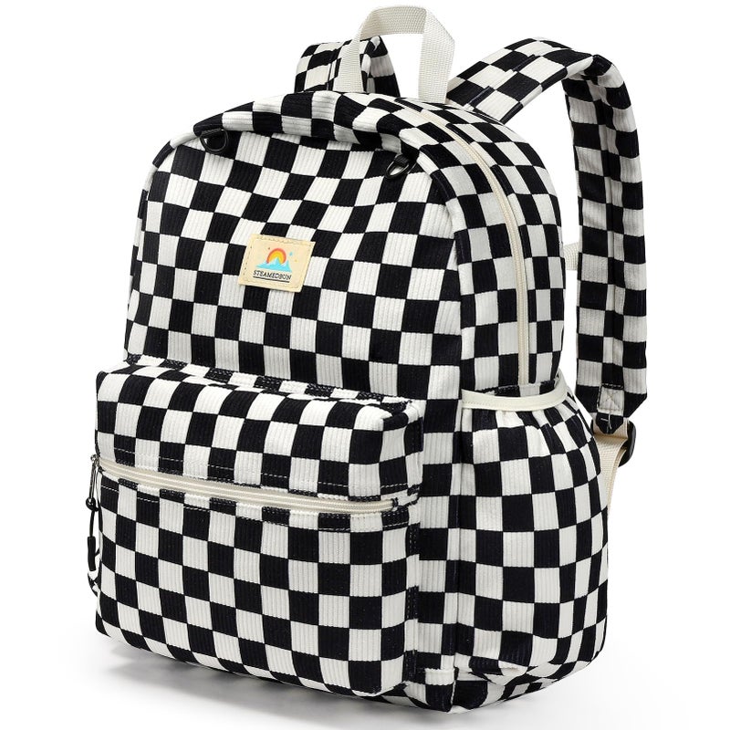 STEAMEDBUN Corduroy Kids Backpack for Girls and Boys 5-8: Boys Backpack for Elementary Kindergarten - 15 inch Cute Backpacks for Kids - Checkered - Image 1