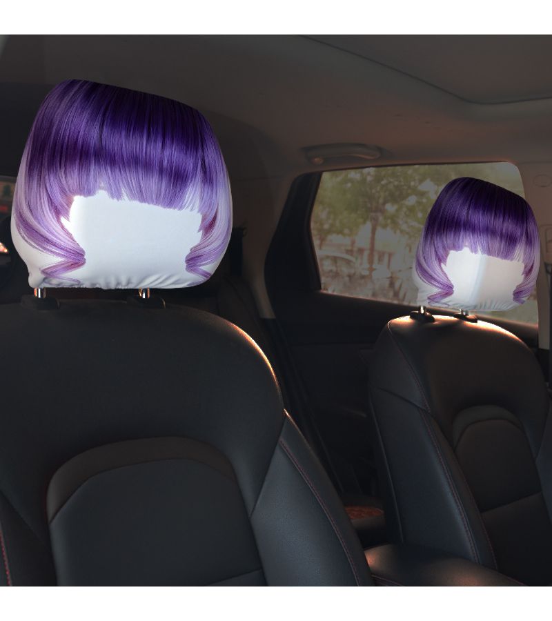 Set Of 2 Purple Hair Theme Car Headrest Covers Stretchy Washable Seat Protectors - Image 1