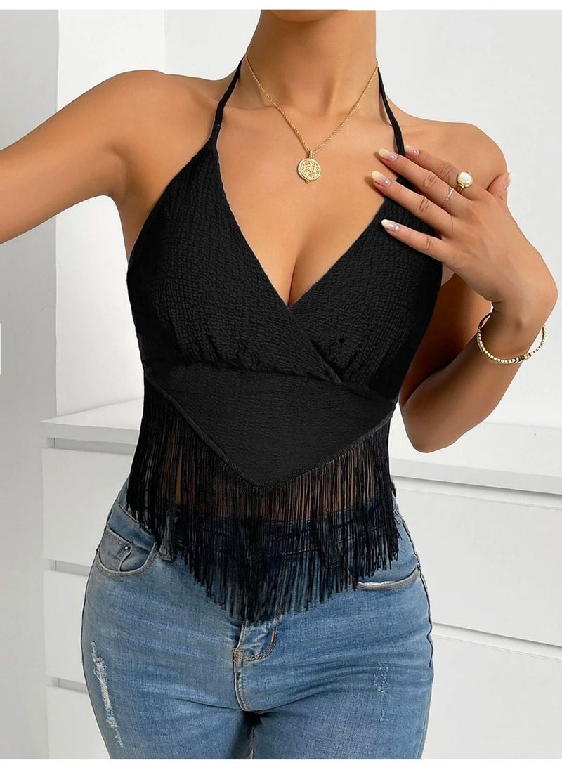 Bella Notte Women's Black Tassel Crop Blouse  - Image 2