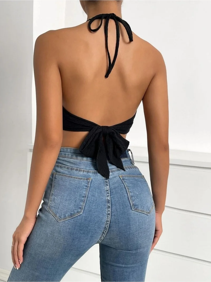 Bella Notte Women's Black Tassel Crop Blouse