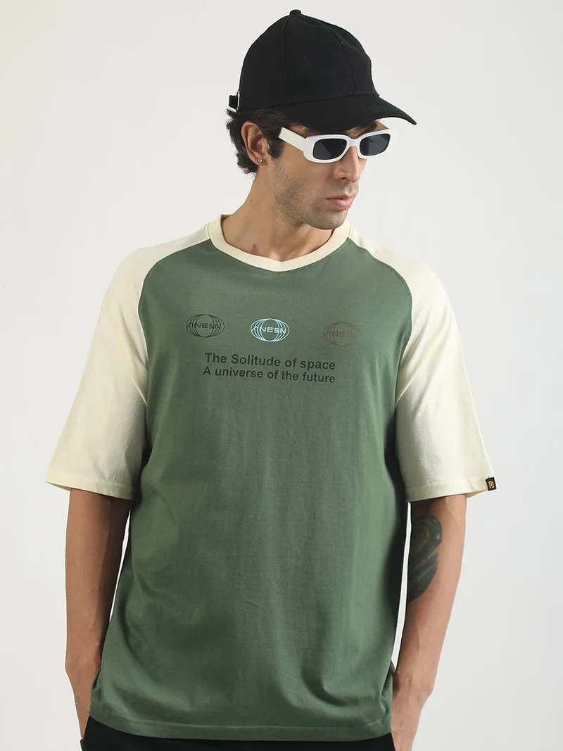 مانياك Maniac Mens Printed Round Neck Half Sleeve Cream and Brown Cotton T-Shirt