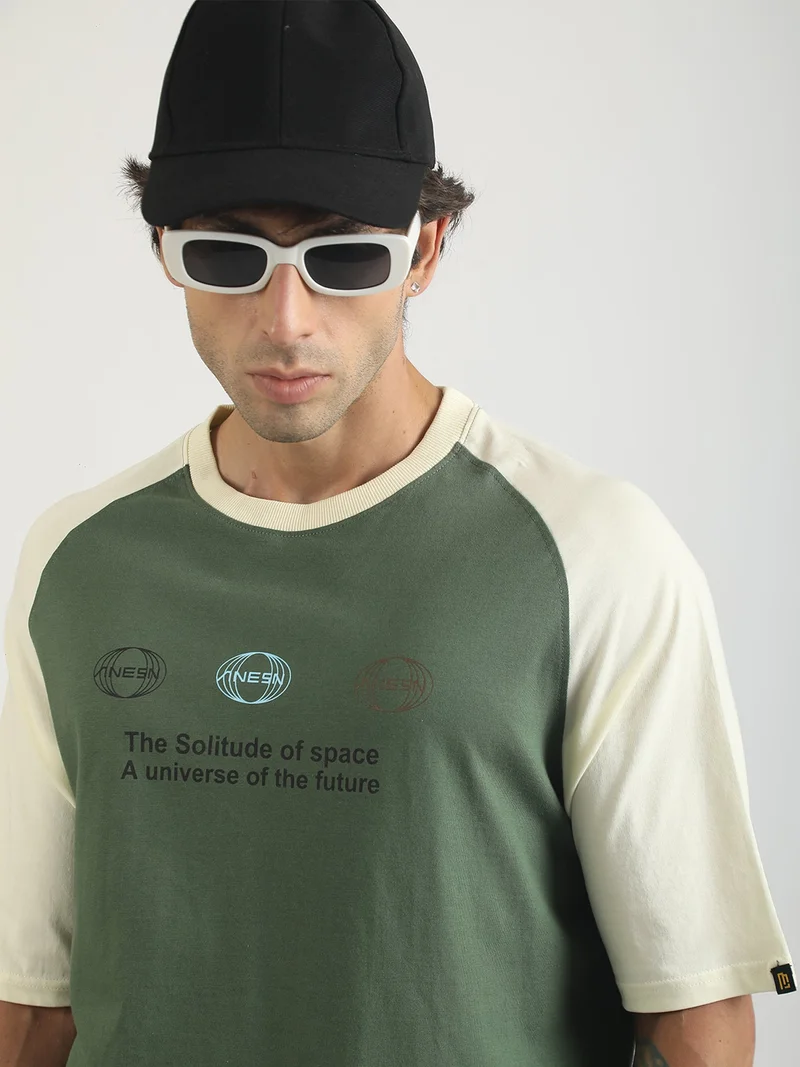 مانياك Maniac Mens Printed Round Neck Half Sleeve Cream and Brown Cotton T-Shirt