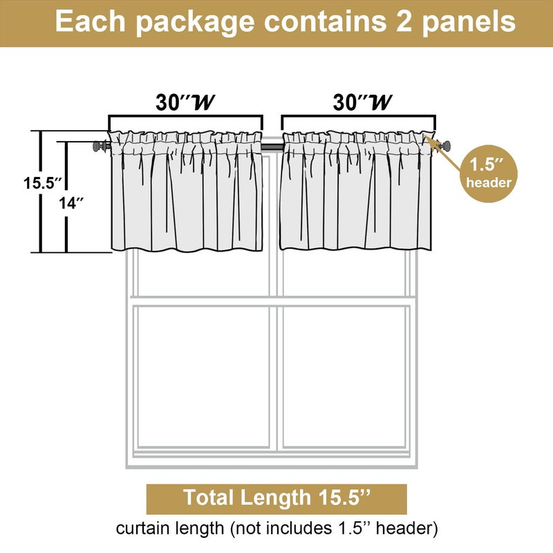 Lecloud Bessie Faux Linen Black Valance for Windows Light Filtering Cafe Kitchen Window Stretains القصيرة لحمام غرفة النوم (كل 30 W × 14 L 2 لوحات أسود) - Image 5