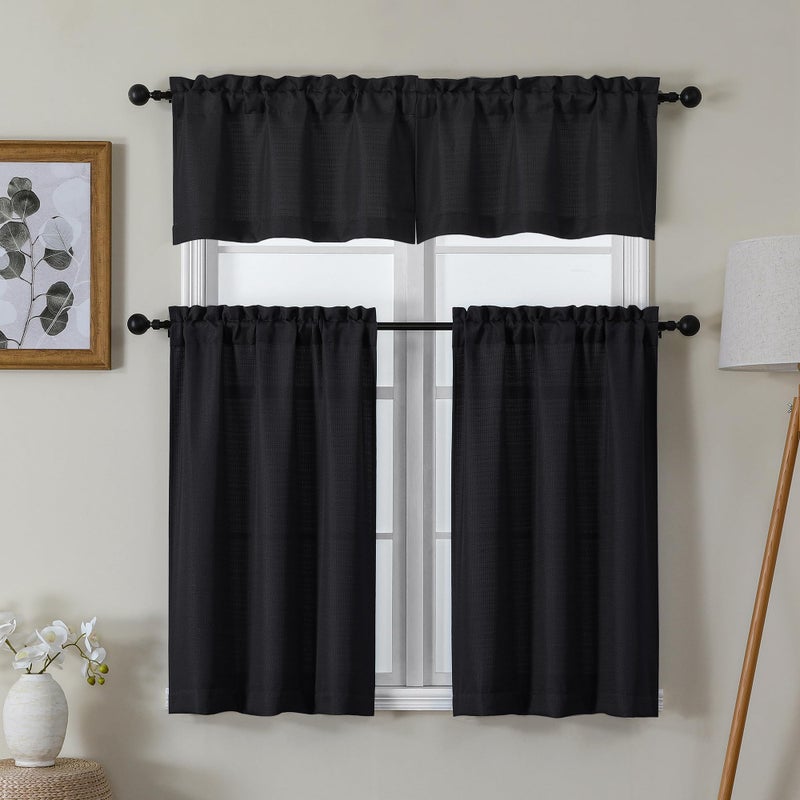 Lecloud Bessie Faux Linen Black Valance for Windows Light Filtering Cafe Kitchen Window Stretains القصيرة لحمام غرفة النوم (كل 30 W × 14 L 2 لوحات أسود) - Image 3