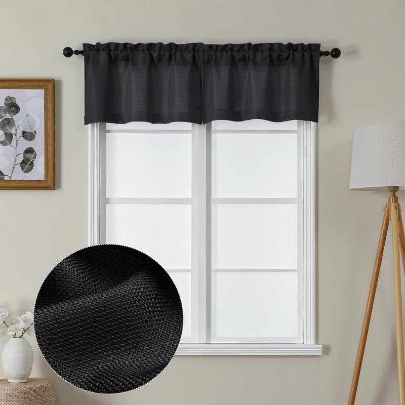 Lecloud Bessie Faux Linen Black Valance for Windows Light Filtering Cafe Kitchen Window Stretains القصيرة لحمام غرفة النوم (كل 30 W × 14 L 2 لوحات أسود) - Image 1