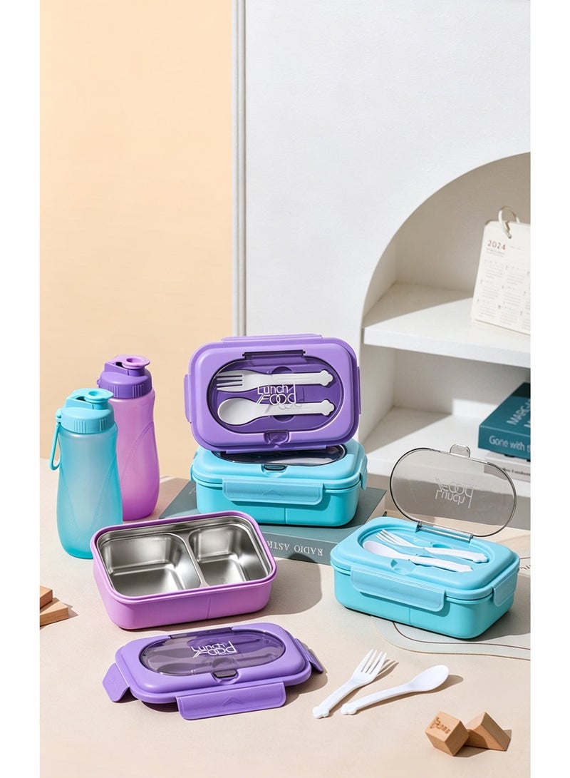 All-in-One Lunch Box & Water Bottle Set, Food-Grade Stainless Steel Bento Box with Compartments, Leak-Proof Water Bottle & Built-in Utensils, BPA-Free, Blue - Image 1