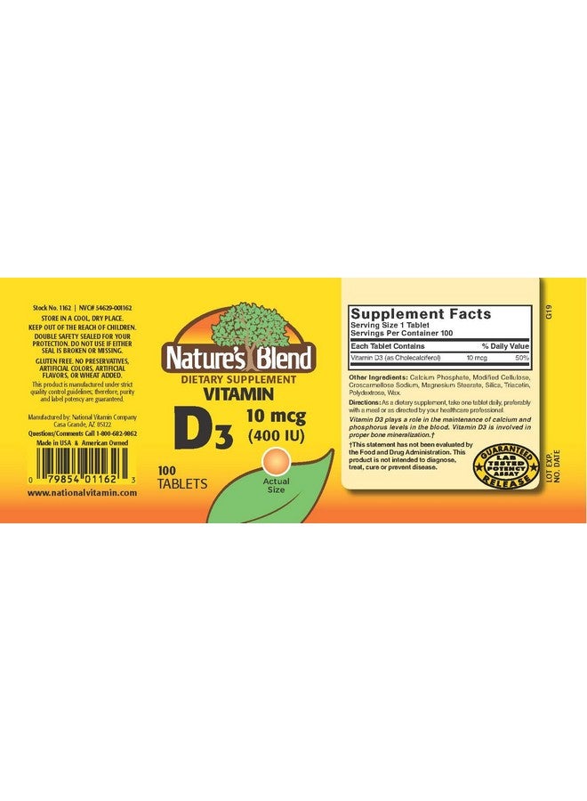 Nature's Blend Vitamin D 400 IU 100 Tablets - Image 2