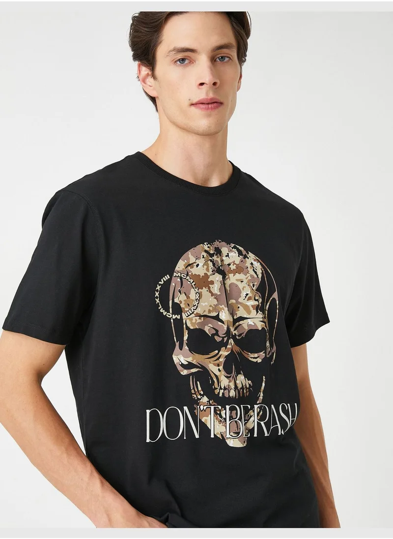 كوتون Skull Printed T-Shirt Crew Neck Short Sleeve