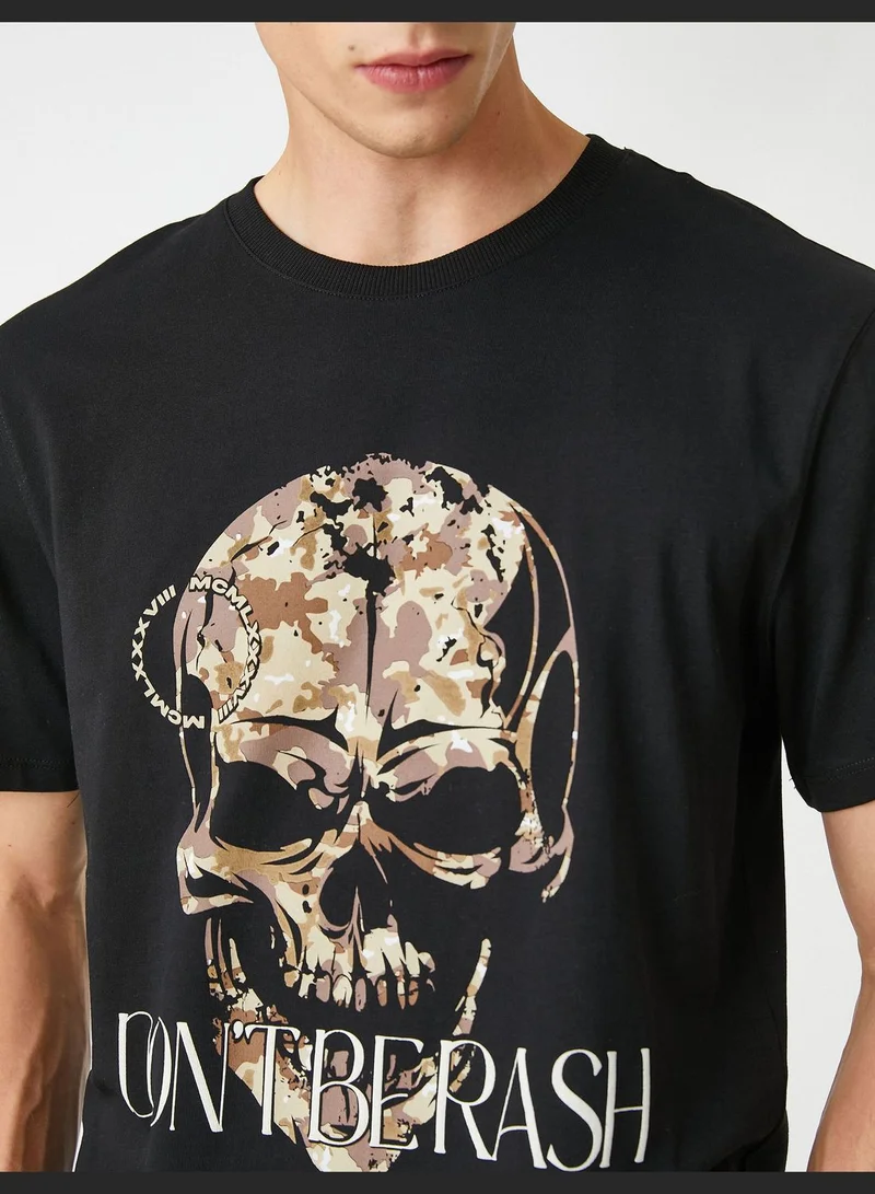كوتون Skull Printed T-Shirt Crew Neck Short Sleeve