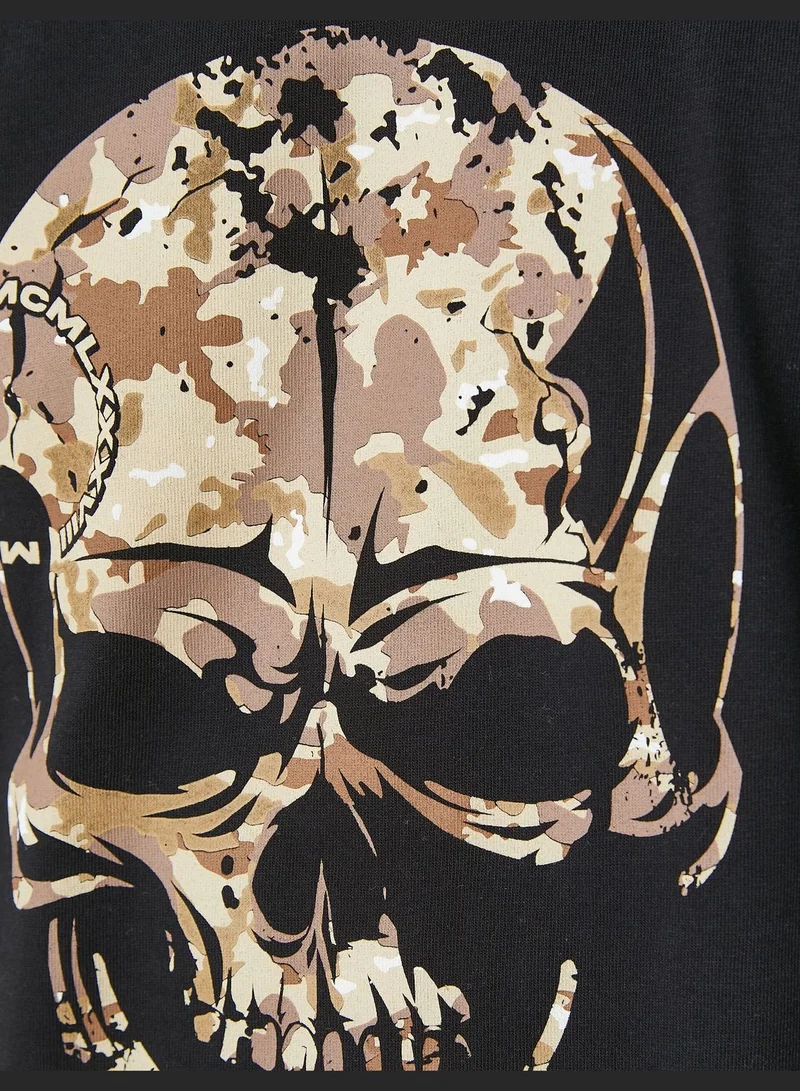 كوتون Skull Printed T-Shirt Crew Neck Short Sleeve