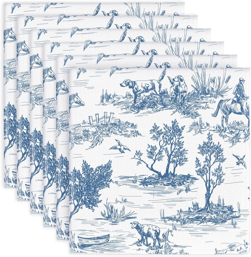 JarThenaAMCS Set of 6 Blue French Village Printed Cloth Napkin Rustic Dinner Napkin Reusable Kitchen Top Collection for Farmhouse Dining Table Decor 18 x 18 Inch - Image 1