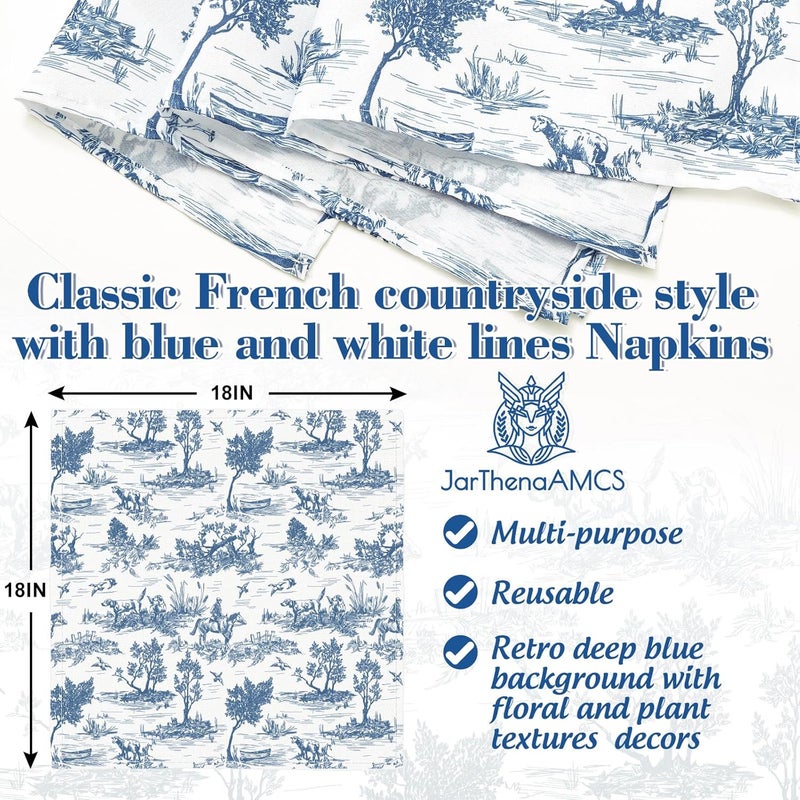 JarThenaAMCS Set of 6 Blue French Village Printed Cloth Napkin Rustic Dinner Napkin Reusable Kitchen Top Collection for Farmhouse Dining Table Decor 18 x 18 Inch - Image 2