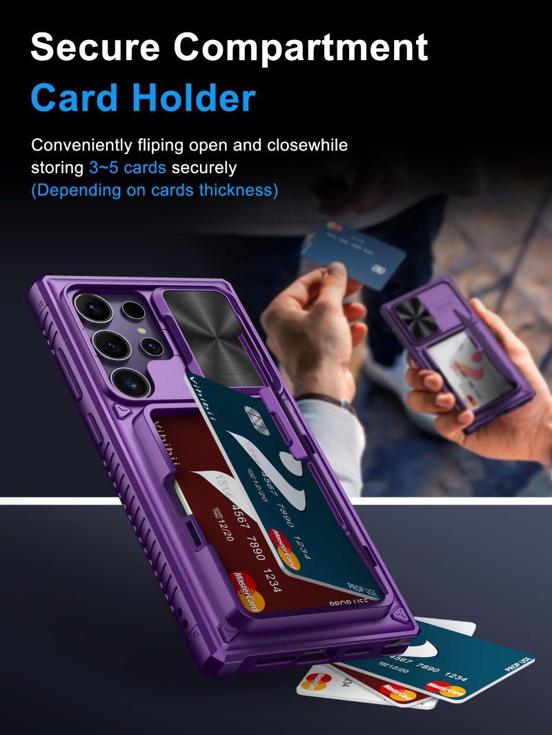Vihibii for Samsung Galaxy S23 Ultra Case with Card Holder & Sliding Camera Cover & Kickstand, Shockproof Rugged Hard Back & TPU Edge Wallet Case for Galaxy S23 Ultra 5G 6.8" 2023, Dark Purple - Image 3