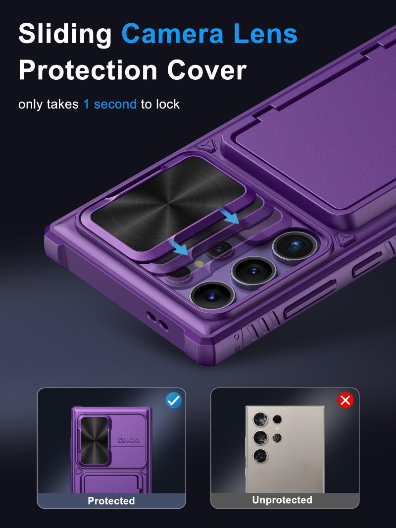 Vihibii for Samsung Galaxy S23 Ultra Case with Card Holder & Sliding Camera Cover & Kickstand, Shockproof Rugged Hard Back & TPU Edge Wallet Case for Galaxy S23 Ultra 5G 6.8" 2023, Dark Purple - Image 4