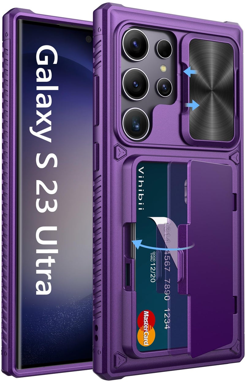 Vihibii for Samsung Galaxy S23 Ultra Case with Card Holder & Sliding Camera Cover & Kickstand, Shockproof Rugged Hard Back & TPU Edge Wallet Case for Galaxy S23 Ultra 5G 6.8" 2023, Dark Purple - Image 1