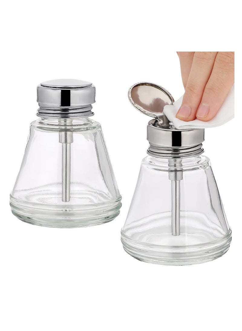 2 Pack 150ml Glass Pump Dispenser Bottles with Flip Metal Cap, Refillable Push Down Containers for Makeup Remover, Alcohol Sanitizer, and Nail Polish. Perfect for Travel and Daily Use. - Image 1