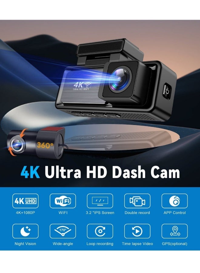 VOMO Dash Cam Car 4k Front and 1080P Rear - Front and Rear Dual Lens Car Dash Camera - 3.2" IPS Screen - With 128GB Card, Built-in GPS WiFi, Night Vision, Loop Recording, WDR Video Recorder - Image 2