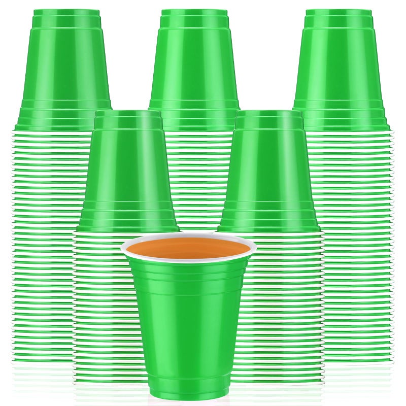Sabary 100 Pack 12oz Plastic Cups Graduation Heavy Duty Drinking Disposable Cups with Lines for Beverage Holiday Camping Barbecues Birthday Party Outdoor PicnicGreen and White