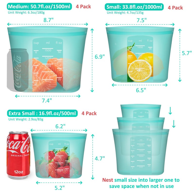 Annaklin Reusable Food Bags, 12 Pack 100% Silicone Food Storage Bags Stand Up Zip Lock Container, Freezer Microwave Oven Dishwasher Safe, 4 Medium 4 Small 4 Extra Small, Aqua - Image 3