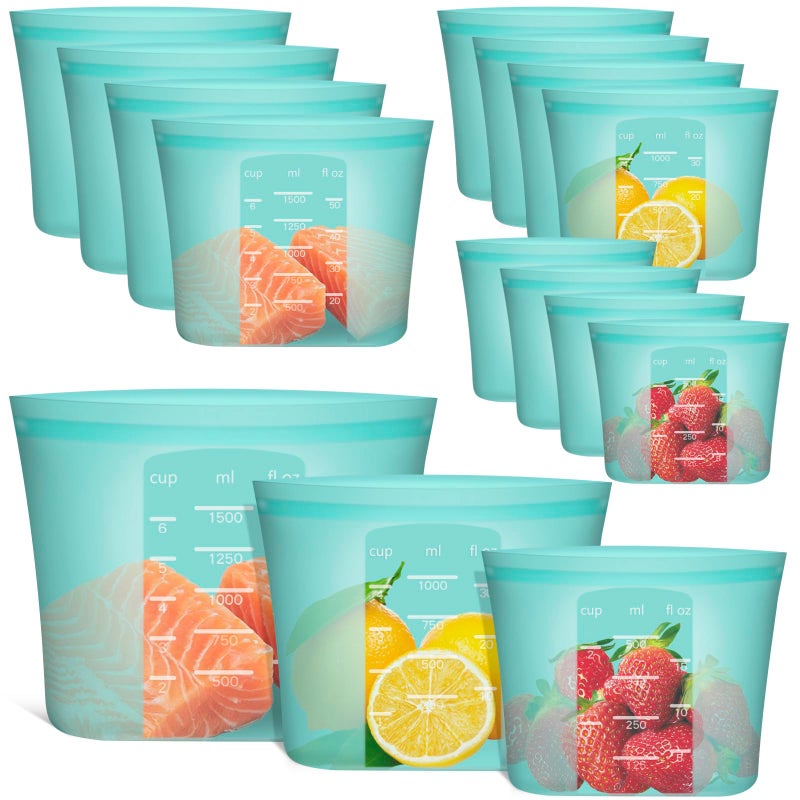Annaklin Reusable Food Bags, 12 Pack 100% Silicone Food Storage Bags Stand Up Zip Lock Container, Freezer Microwave Oven Dishwasher Safe, 4 Medium 4 Small 4 Extra Small, Aqua - Image 1