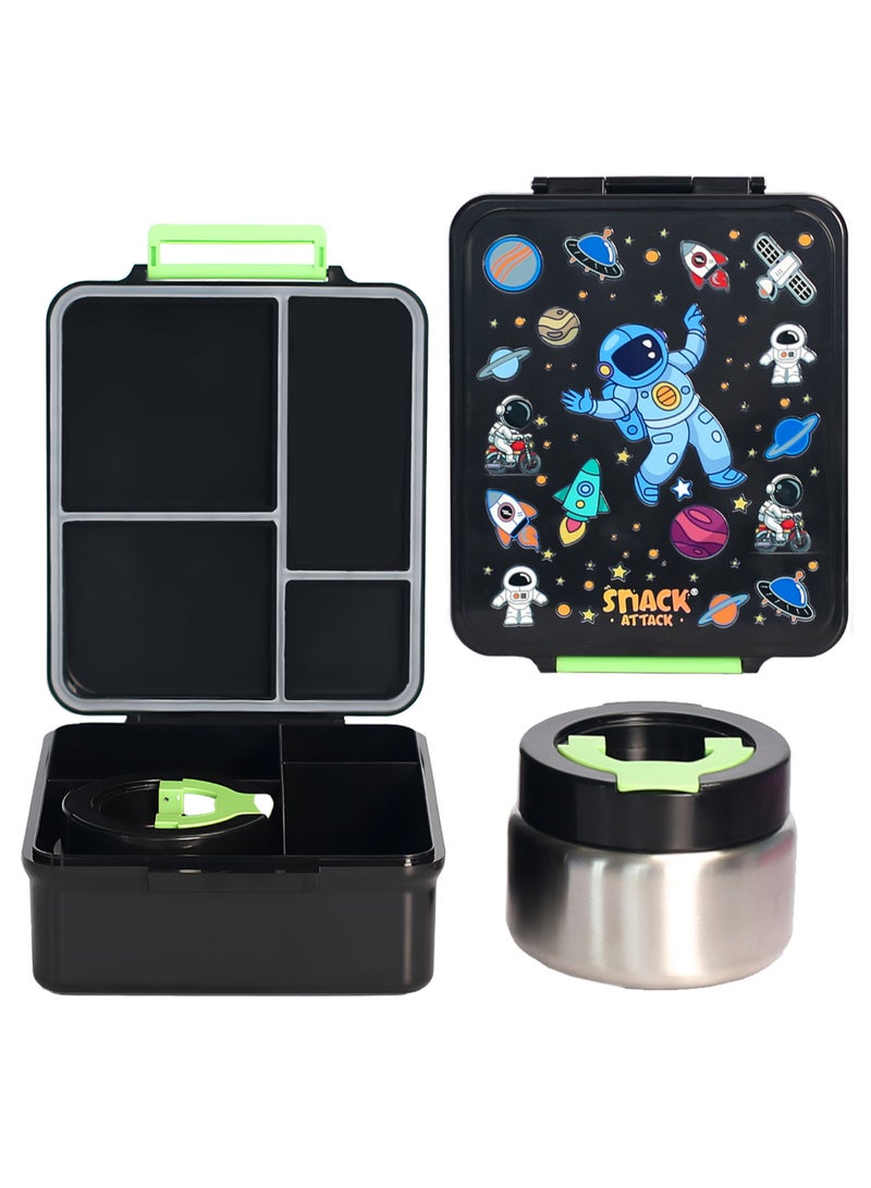 Snack Attack Black Astro Kids Bento Lunch Box with Thermos Jar – 4-Compartment Stainless Steel Leakproof Lunchbox with Silicone Seal – Cute Mermaid Artwork – Keeps Food Hot up to 5 Hrs – BPA-Free - Image 1