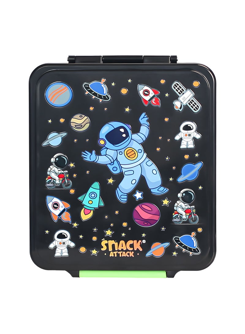 Snack Attack Black Astro Kids Bento Lunch Box with Thermos Jar – 4-Compartment Stainless Steel Leakproof Lunchbox with Silicone Seal – Cute Mermaid Artwork – Keeps Food Hot up to 5 Hrs – BPA-Free - Image 2